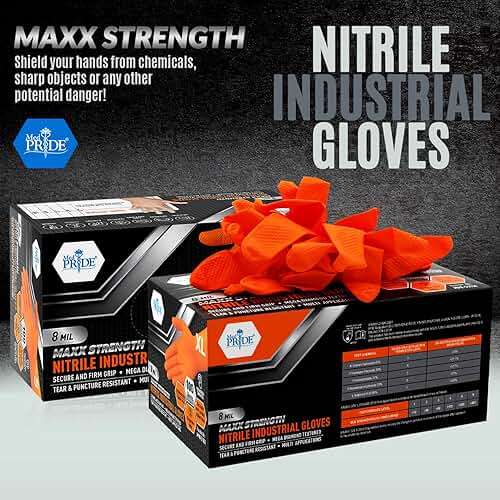 MED PRIDE Maxx Strength Nitrile Industrial Orange Gloves, 8 Mil Thick - Diamond Texture Disposable Heavy-Duty, Tear-Resistant - Image 3