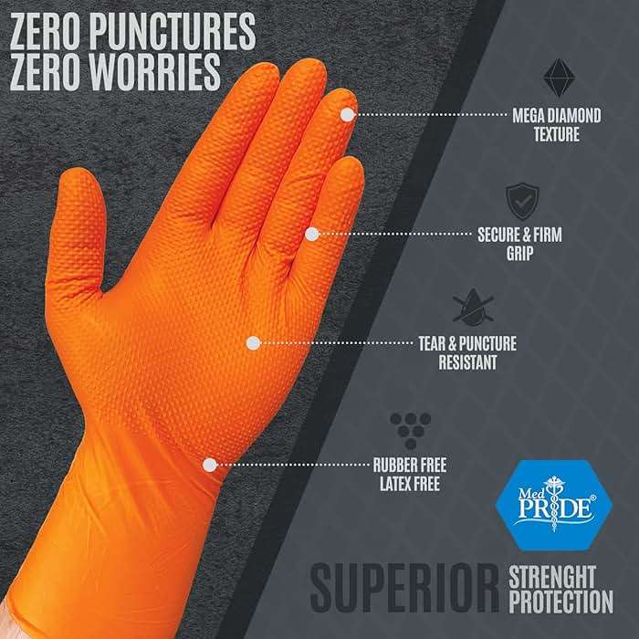 MED PRIDE Maxx Strength Nitrile Industrial Orange Gloves, 8 Mil Thick - Diamond Texture Disposable Heavy-Duty, Tear-Resistant - Image 5