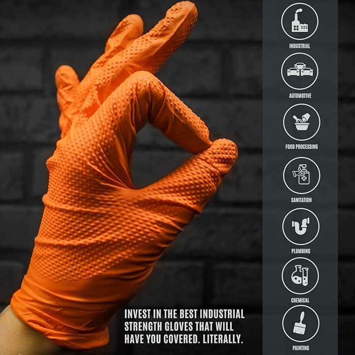 MED PRIDE Maxx Strength Nitrile Industrial Orange Gloves, 8 Mil Thick - Diamond Texture Disposable Heavy-Duty, Tear-Resistant - Image 8