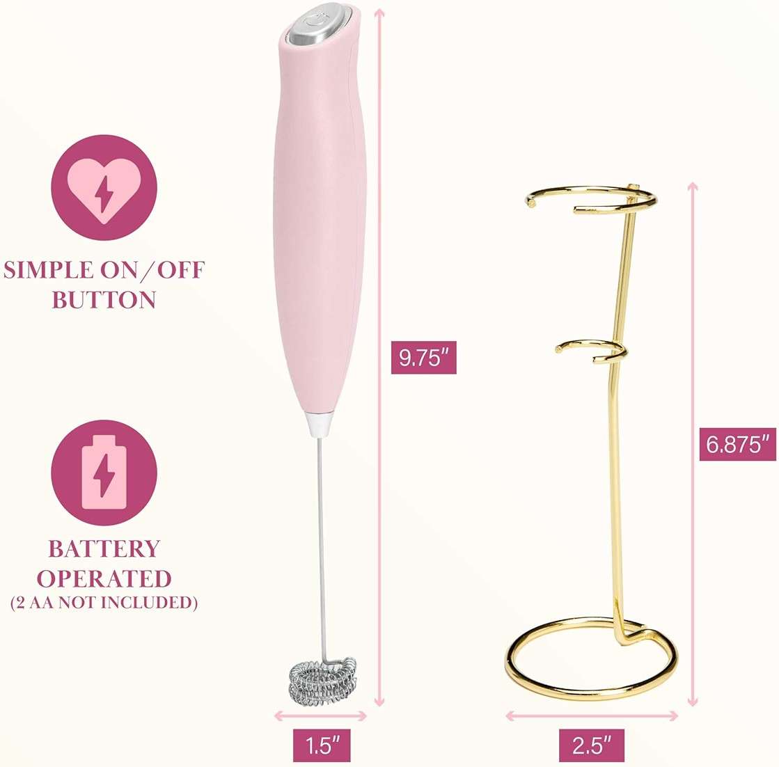 Paris Hilton Electric Handheld Milk Frother with Double Coil Head Whisk and Gold Metal Stand, Battery Powered (2 AA Batteries Required but Not Included), Pink - Image 3