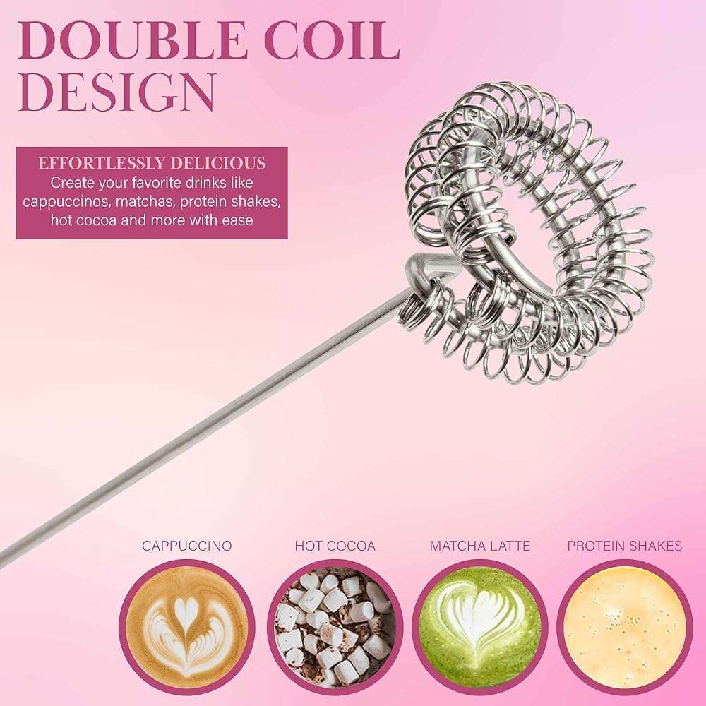 Paris Hilton Electric Handheld Milk Frother with Double Coil Head Whisk and Gold Metal Stand, Battery Powered (2 AA Batteries Required but Not Included), Pink - Image 4