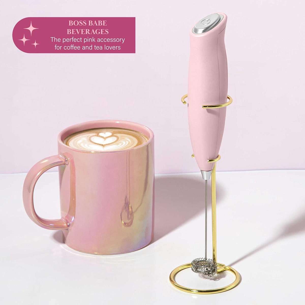 Paris Hilton Electric Handheld Milk Frother with Double Coil Head Whisk and Gold Metal Stand, Battery Powered (2 AA Batteries Required but Not Included), Pink - Image 6