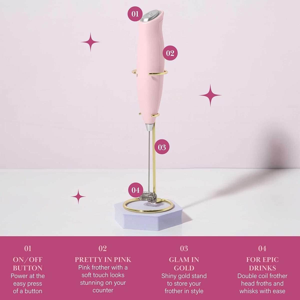 Paris Hilton Electric Handheld Milk Frother with Double Coil Head Whisk and Gold Metal Stand, Battery Powered (2 AA Batteries Required but Not Included), Pink - Image 7