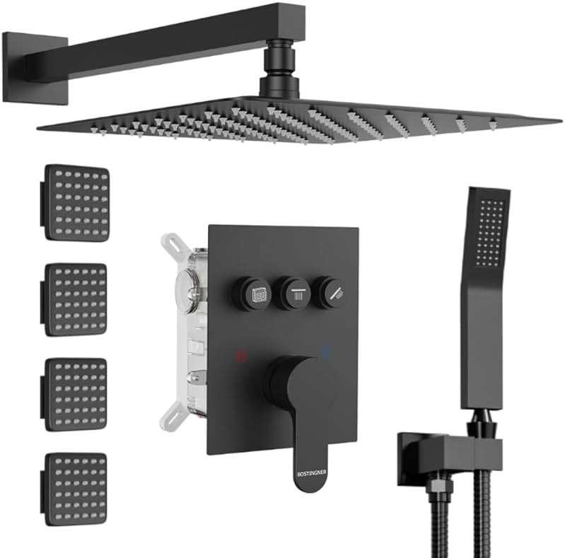 Shower System with Body Jets,Bostingner 3 Way Shower Faucet Set 12" Rain Shower Head with Handheld Spray, Can Use at Same Time,Push Button Diverter Shower Head Set Complete, Matte Black - Image 1