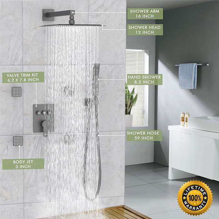 Shower System with Body Jets,Bostingner 3 Way Shower Faucet Set 12" Rain Shower Head with Handheld Spray, Can Use at Same Time,Push Button Diverter Shower Head Set Complete, Matte Black - Image 6