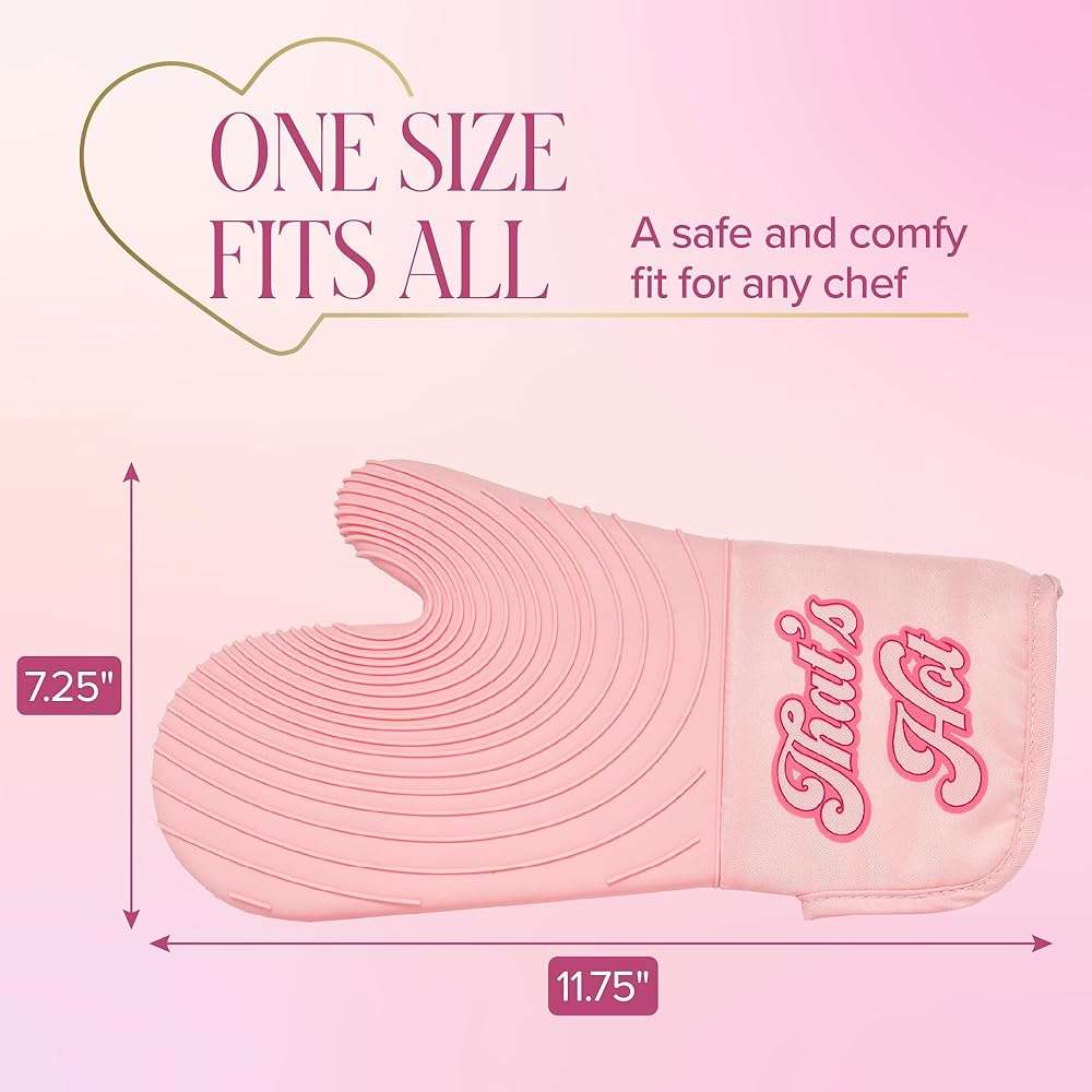 Paris Hilton Oven Mitt Set with Iconic That's HOT Design, Heat Resistant Pot Holders Featuring Non-Slip Textured Silicone Grips, 2-Piece Set, Pink - Image 3