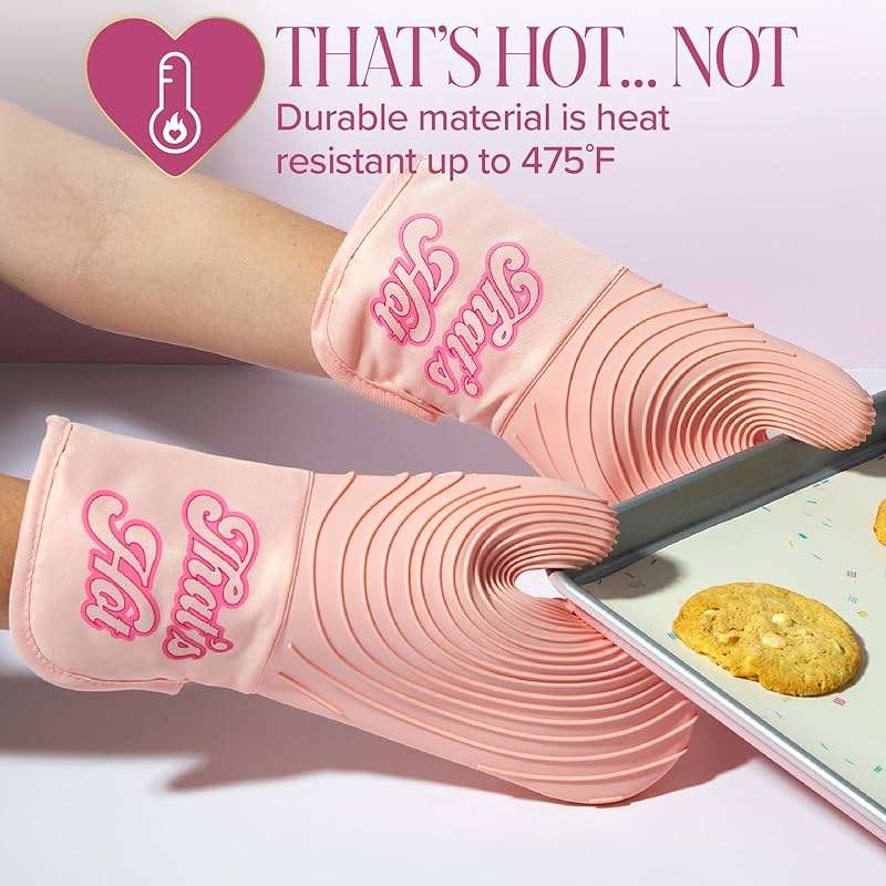 Paris Hilton Oven Mitt Set with Iconic That's HOT Design, Heat Resistant Pot Holders Featuring Non-Slip Textured Silicone Grips, 2-Piece Set, Pink - Image 4
