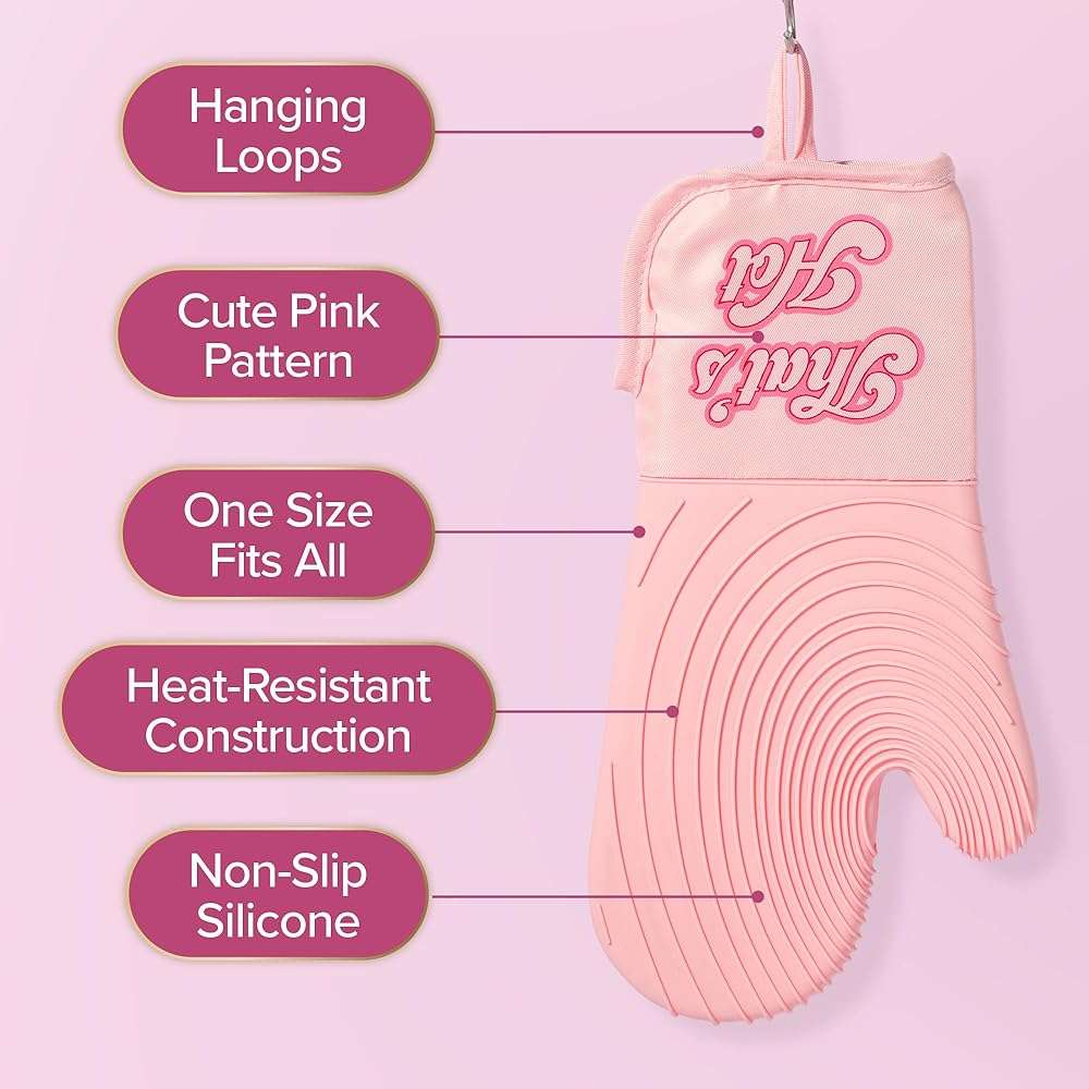 Paris Hilton Oven Mitt Set with Iconic That's HOT Design, Heat Resistant Pot Holders Featuring Non-Slip Textured Silicone Grips, 2-Piece Set, Pink - Image 5