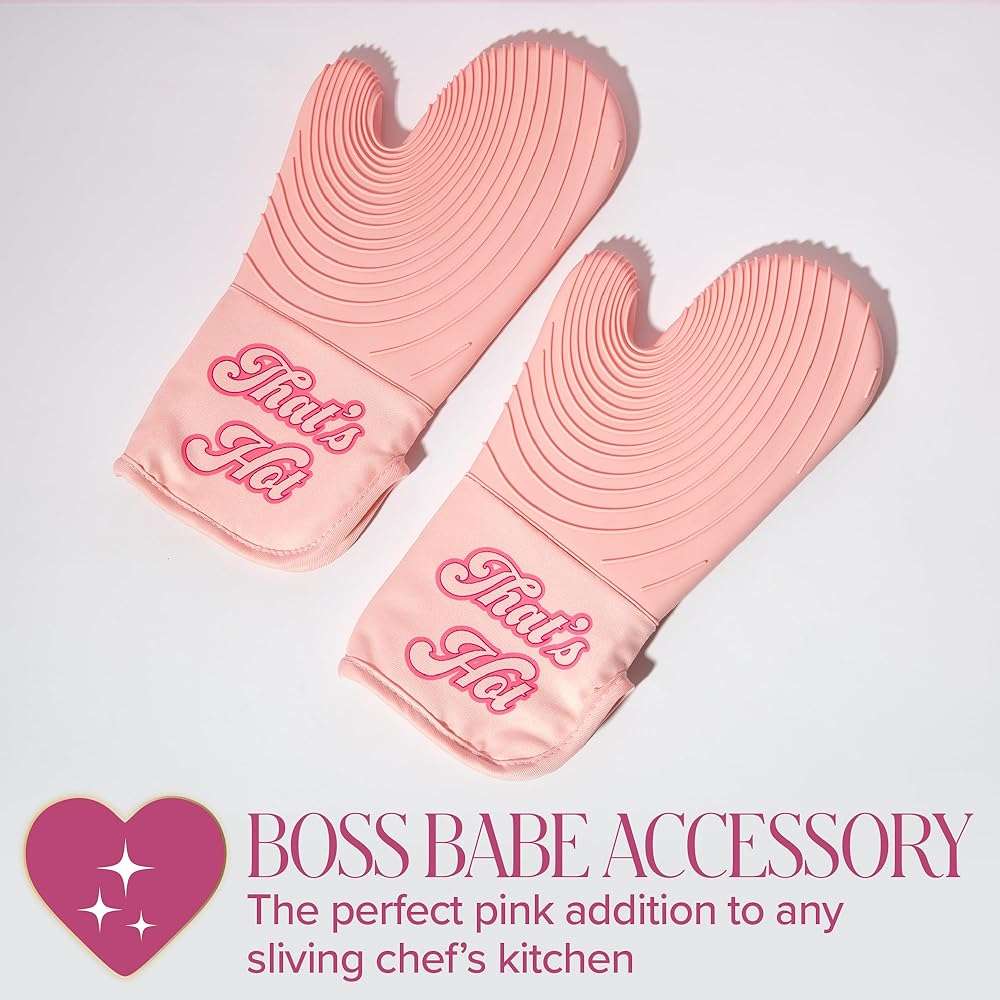 Paris Hilton Oven Mitt Set with Iconic That's HOT Design, Heat Resistant Pot Holders Featuring Non-Slip Textured Silicone Grips, 2-Piece Set, Pink - Image 7