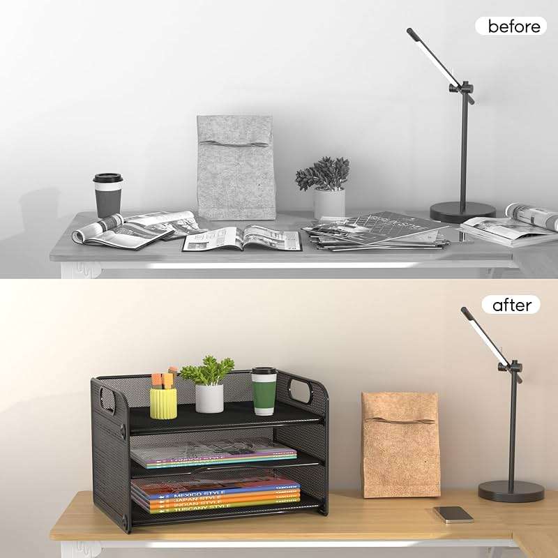 Samstar 3 Tier Letter Tray Paper Organizer with Handle, Mesh Desk Organizer Paper Sorter File Rack Shelves, Black - Image 6