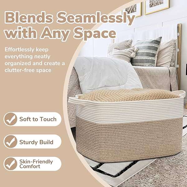 Goodpick Large Woven Blanket Basket, 21.6" x 14.9" x 11.8" Storage Baskets for Organizing, Rectangle Cotton Rope Toy Basket for Living Room, Bedroom, White & Brown - Image 5