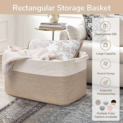 Goodpick Large Woven Blanket Basket, 21.6" x 14.9" x 11.8" Storage Baskets for Organizing, Rectangle Cotton Rope Toy Basket for Living Room, Bedroom, White & Brown - Image 7