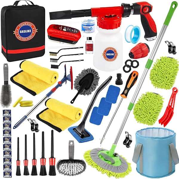 56Pcs Car Wash Cleaning Kit with Foam Gun, Car Wash Brush with Long Handle, Car Detailing Kit, Car Wheel Brush for Car Cleaning Supplies, Adjustable Hose Wash Sprayer-Quick Connector to Any Hose - Image 1