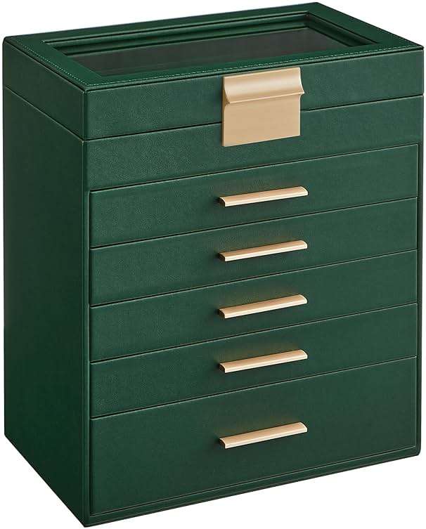 SONGMICS GISELLA Collection - Jewelry Box with Glass Lid, 6-Layer Jewelry Storage Organizer, 5 Drawers, for Sunglasses, Modern Style, Forest Green and Gold Colour UJBC171C01 - Image 1