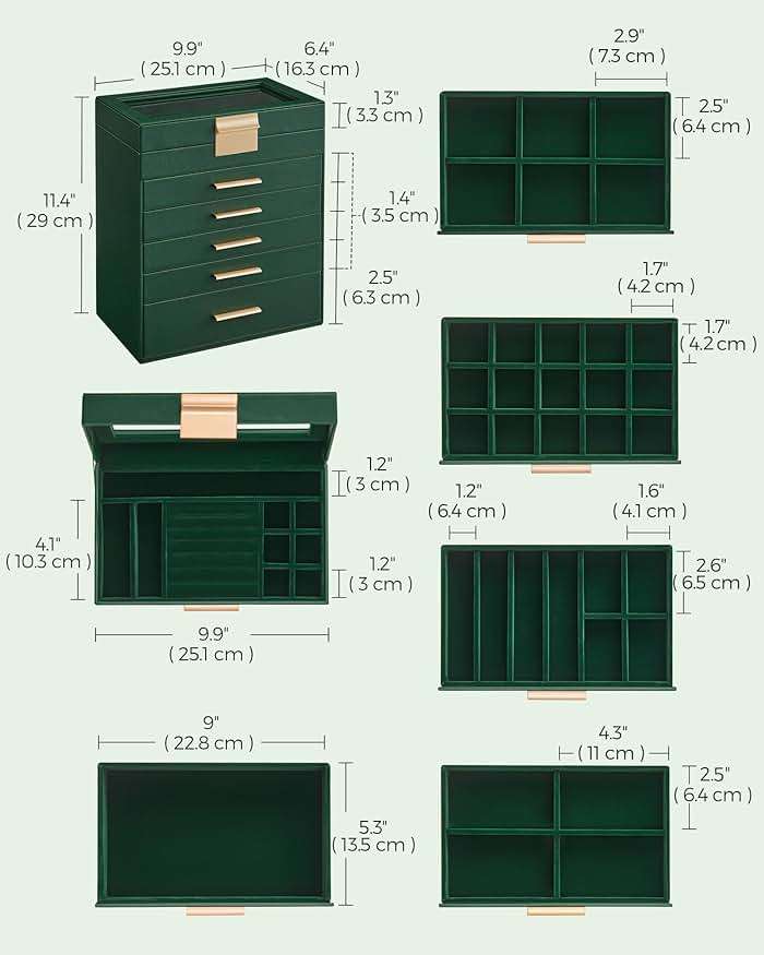 SONGMICS GISELLA Collection - Jewelry Box with Glass Lid, 6-Layer Jewelry Storage Organizer, 5 Drawers, for Sunglasses, Modern Style, Forest Green and Gold Colour UJBC171C01 - Image 2