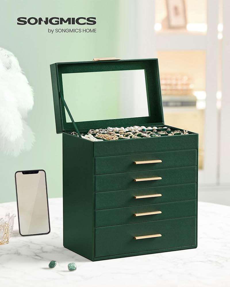 SONGMICS GISELLA Collection - Jewelry Box with Glass Lid, 6-Layer Jewelry Storage Organizer, 5 Drawers, for Sunglasses, Modern Style, Forest Green and Gold Colour UJBC171C01 - Image 3