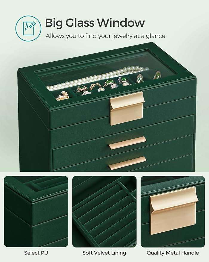 SONGMICS GISELLA Collection - Jewelry Box with Glass Lid, 6-Layer Jewelry Storage Organizer, 5 Drawers, for Sunglasses, Modern Style, Forest Green and Gold Colour UJBC171C01 - Image 5