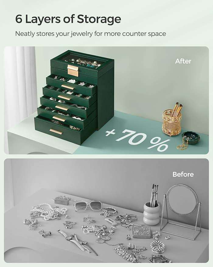 SONGMICS GISELLA Collection - Jewelry Box with Glass Lid, 6-Layer Jewelry Storage Organizer, 5 Drawers, for Sunglasses, Modern Style, Forest Green and Gold Colour UJBC171C01 - Image 6