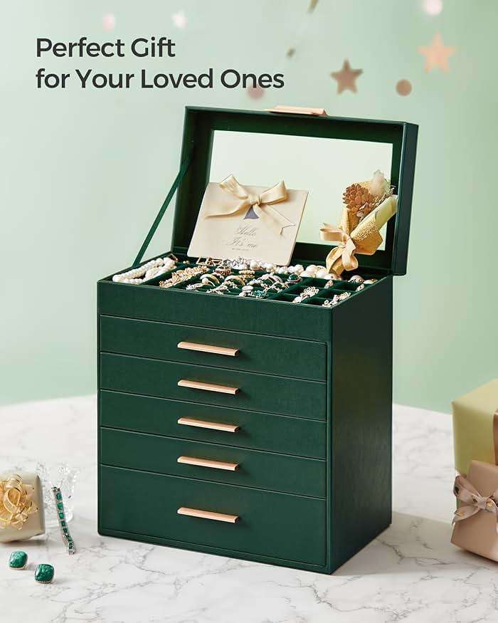 SONGMICS GISELLA Collection - Jewelry Box with Glass Lid, 6-Layer Jewelry Storage Organizer, 5 Drawers, for Sunglasses, Modern Style, Forest Green and Gold Colour UJBC171C01 - Image 7