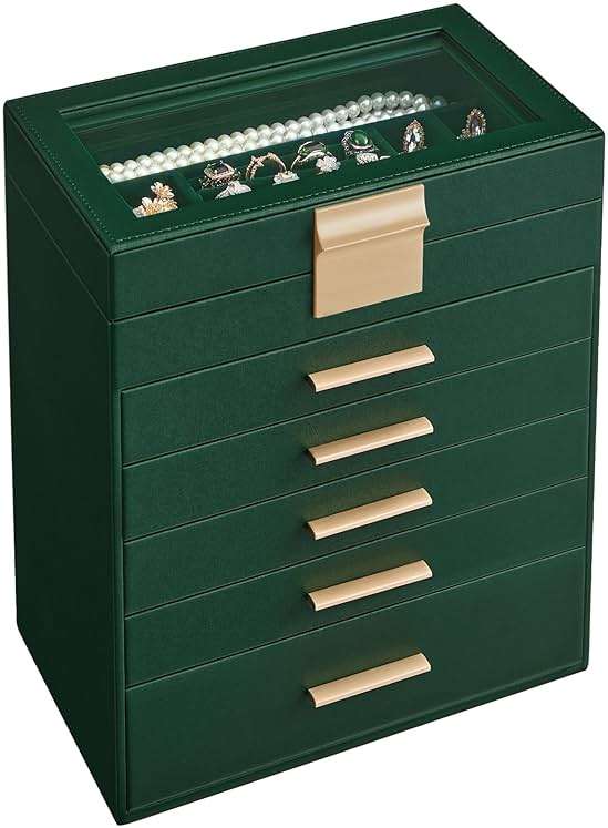 SONGMICS GISELLA Collection - Jewelry Box with Glass Lid, 6-Layer Jewelry Storage Organizer, 5 Drawers, for Sunglasses, Modern Style, Forest Green and Gold Colour UJBC171C01 - Image 8