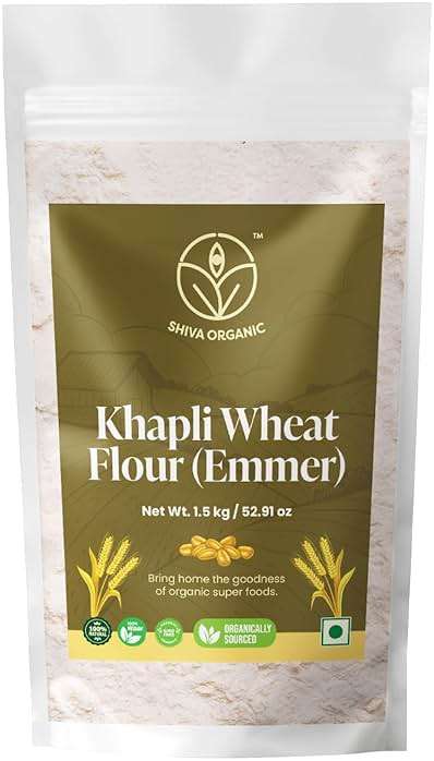 Shiva Organic Raw Khapli Wheat Atta 52.91 oz (1.5kg) – Ancient Emmer Stone Ground Flour | Low Gluten Index and Rich Bran Whole Grain Baking Pack - Image 1