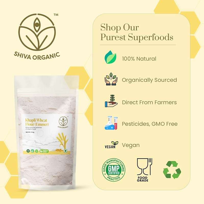 Shiva Organic Raw Khapli Wheat Atta 52.91 oz (1.5kg) – Ancient Emmer Stone Ground Flour | Low Gluten Index and Rich Bran Whole Grain Baking Pack - Image 5