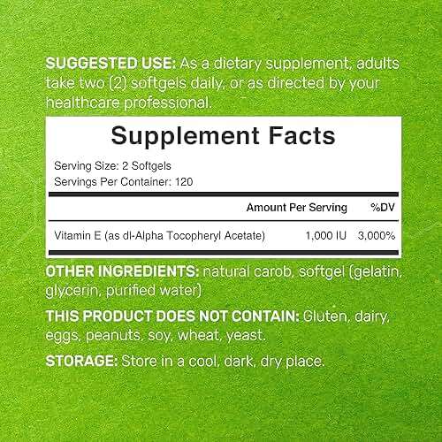 Vitamin E Supplements, 1,000 IU Per Serving, 240 Softgels – Extra Strength Antioxidant Protection – Bioavailable Stable Form – Skin, Heart, Brain, & Immune Support – Non-GMO - Image 2