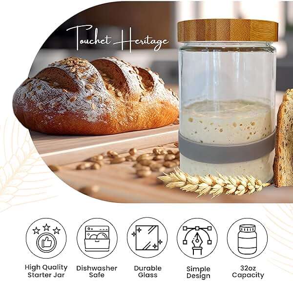 Touchet Heritage Sourdough Starter Jar (32oz) | Sourdough Starter Kit | Thick, Durable Glass w/Bamboo Lid | 6.5” x 4" | Wide Mouth Glass Jar for Sourdough with Wooden Spoon & Silicone Measuring Band - Image 3