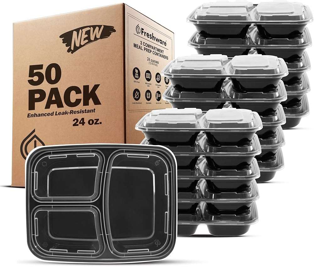 Freshware Meal Prep Containers [50 Pack] 3 Compartment Food Storage Containers with Lids, Bento Box, BPA Free, Stackable, Microwave/Dishwasher/Freezer Safe (24 oz) - Image 1