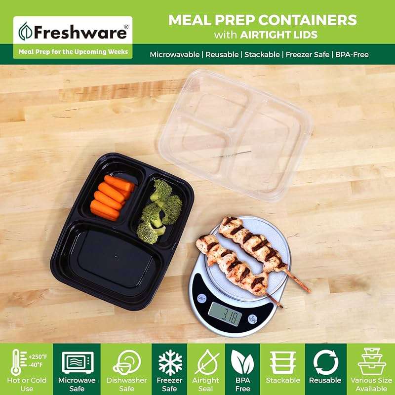 Freshware Meal Prep Containers [50 Pack] 3 Compartment Food Storage Containers with Lids, Bento Box, BPA Free, Stackable, Microwave/Dishwasher/Freezer Safe (24 oz) - Image 3