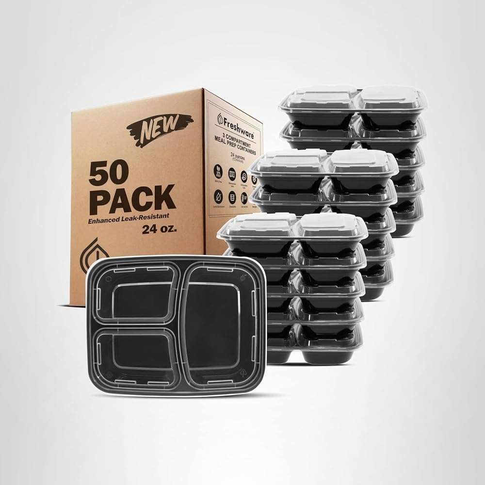 Freshware Meal Prep Containers [50 Pack] 3 Compartment Food Storage Containers with Lids, Bento Box, BPA Free, Stackable, Microwave/Dishwasher/Freezer Safe (24 oz) - Image 8