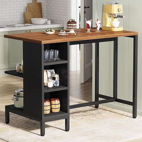 Tribesigns Kitchen Island, Kitchen Shelf Bar Table with 5 Open Storage Shelves and Large Worktop, Industrial Butcher Block Island (Stools Not Included) - Image 1