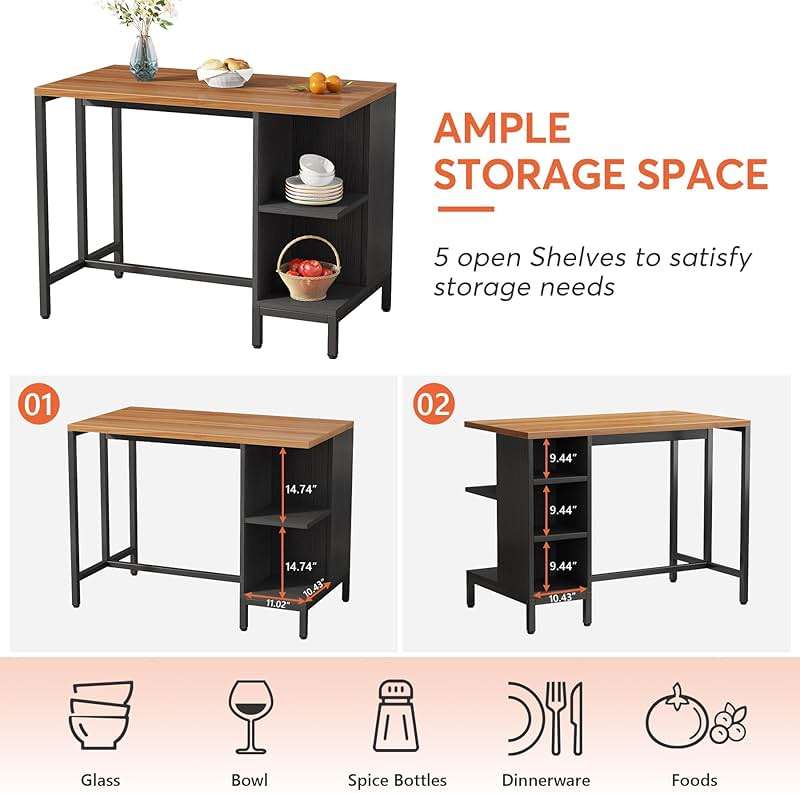 Tribesigns Kitchen Island, Kitchen Shelf Bar Table with 5 Open Storage Shelves and Large Worktop, Industrial Butcher Block Island (Stools Not Included) - Image 5