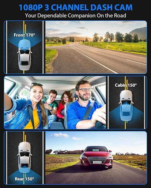 Dash Cam Front and Rear, 1080P Dash Camera for Cars, 3 Channel Car Camera Front Rear and Inside with 32GB Card, Loop Recording, Night Vision, HDR, 24Hr Parking, G-Sensor - Image 2