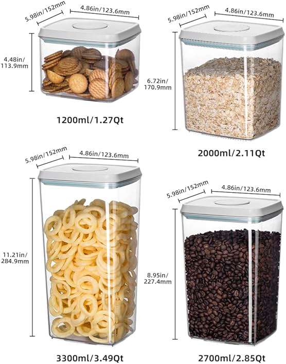 8-Piece Set of Pop Airtight Food Storage Containers with Lids Stackable Containers for Kitchen Pantry Organization Ideal for Cereal Snacks Flour Sugar Coffee and Spaghetti (1.2, 2.0, 2.7, 3.3qt)*2 - Image 2