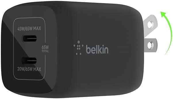 Belkin Dual USB C Charger Block 65W, Super Fast Charging PD 3.0 w/GaN - Samsung Galaxy S26, Apple iPhone 17, Air, Pro, Pro Max, iPad, MacBook, AirPods, Apple Watch, & More - Black - Image 1