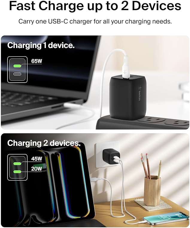 Belkin Dual USB C Charger Block 65W, Super Fast Charging PD 3.0 w/GaN - Samsung Galaxy S26, Apple iPhone 17, Air, Pro, Pro Max, iPad, MacBook, AirPods, Apple Watch, & More - Black - Image 3