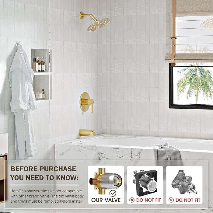 HomGoo Tub Shower Faucet, Brushed Gold Shower Faucet Set with 6-Inch All-Metal Rainfall Showerhead and Bathtub Spout, Single-Handle Tub Shower-Trim Kit Included Valve, Brushed Gold - Image 3