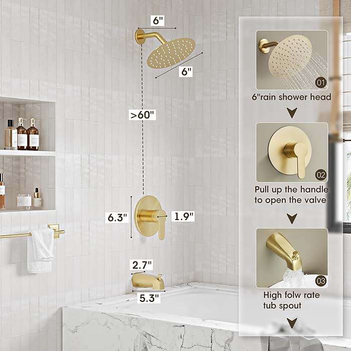 HomGoo Tub Shower Faucet, Brushed Gold Shower Faucet Set with 6-Inch All-Metal Rainfall Showerhead and Bathtub Spout, Single-Handle Tub Shower-Trim Kit Included Valve, Brushed Gold - Image 4