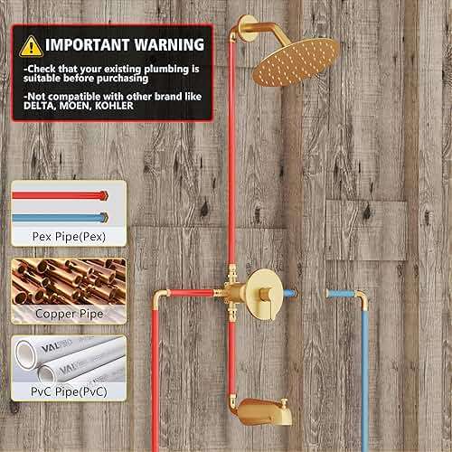 HomGoo Tub Shower Faucet, Brushed Gold Shower Faucet Set with 6-Inch All-Metal Rainfall Showerhead and Bathtub Spout, Single-Handle Tub Shower-Trim Kit Included Valve, Brushed Gold - Image 9