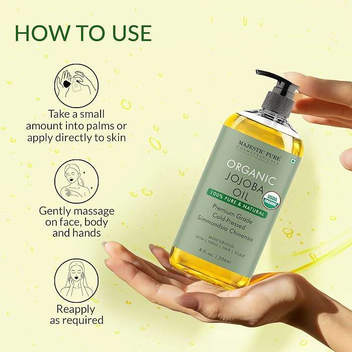 Majestic Pure Oil - 100% Pure and Natural- Cold Pressed & Hexane Free Natural Hair Growth Oil for Eyelashes, Eyebrows, Skin, Body, Face, Nails & Scalp - USDA Organic Jojoba Oil 8 Fl Oz - Image 5