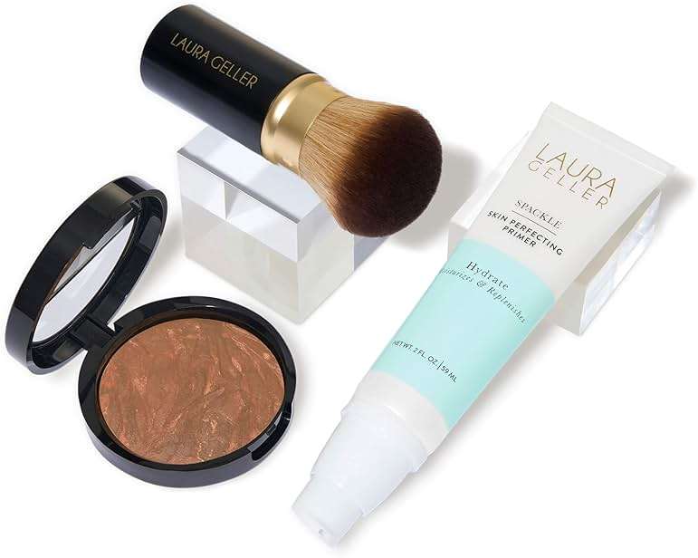 LAURA GELLER NEW YORK Face the Day Kit (3 PC) - Balance-n-Brighten Foundation, Deep + Spackle Skin Perfecting Primer, Hydrate + Airbrush Round Kabuki Brush - Image 1
