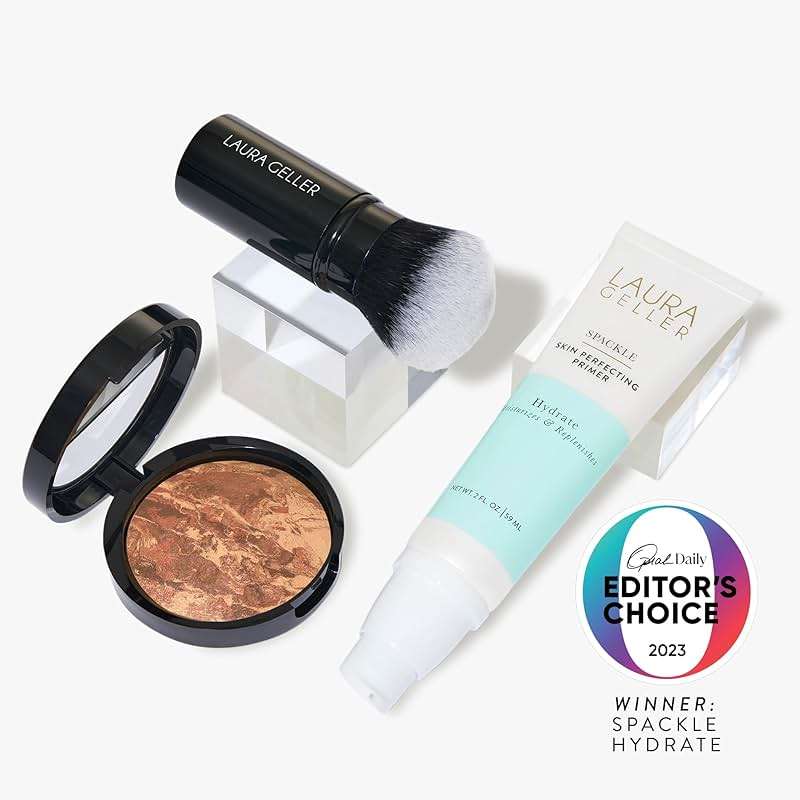 LAURA GELLER NEW YORK Face the Day Kit (3 PC) - Balance-n-Brighten Foundation, Deep + Spackle Skin Perfecting Primer, Hydrate + Airbrush Round Kabuki Brush - Image 2