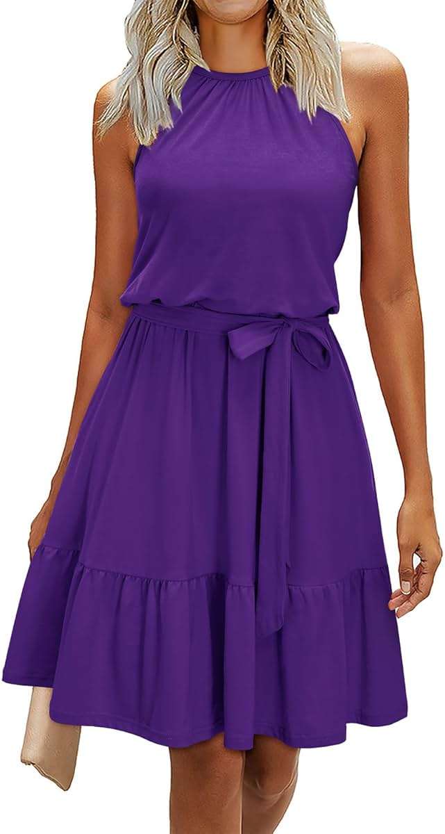 Newshows Womens 2026 Summer Dress Halter Wedding Guest Casual Beach Vacation Outfits Belted Sundresses with Pockets - Image 1