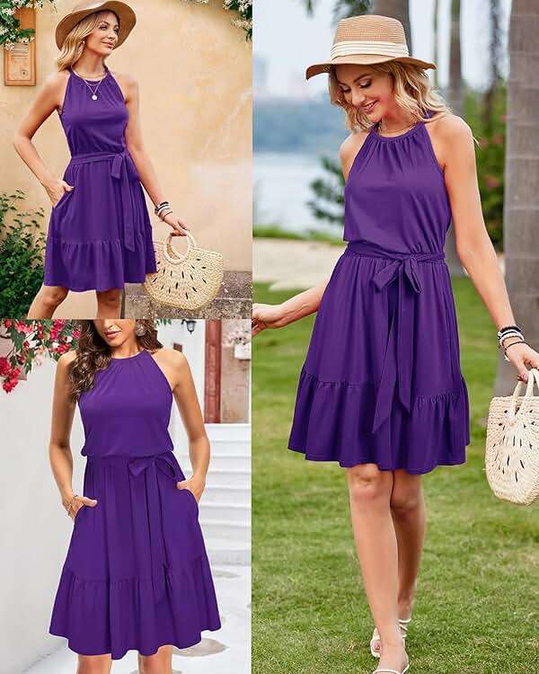 Newshows Womens 2026 Summer Dress Halter Wedding Guest Casual Beach Vacation Outfits Belted Sundresses with Pockets - Image 2