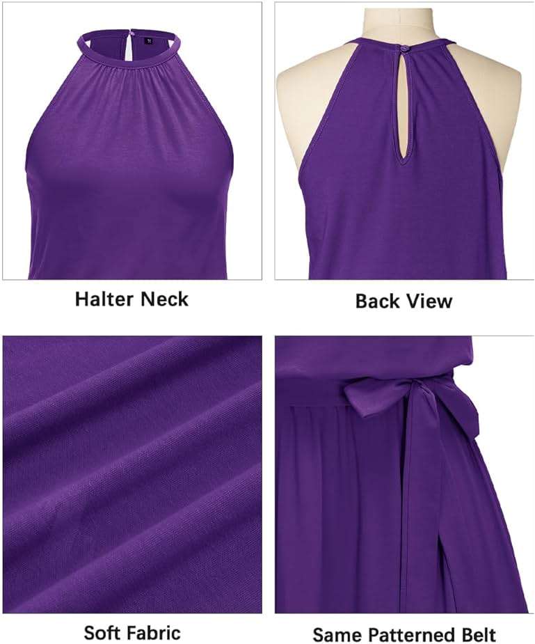 Newshows Womens 2026 Summer Dress Halter Wedding Guest Casual Beach Vacation Outfits Belted Sundresses with Pockets - Image 6