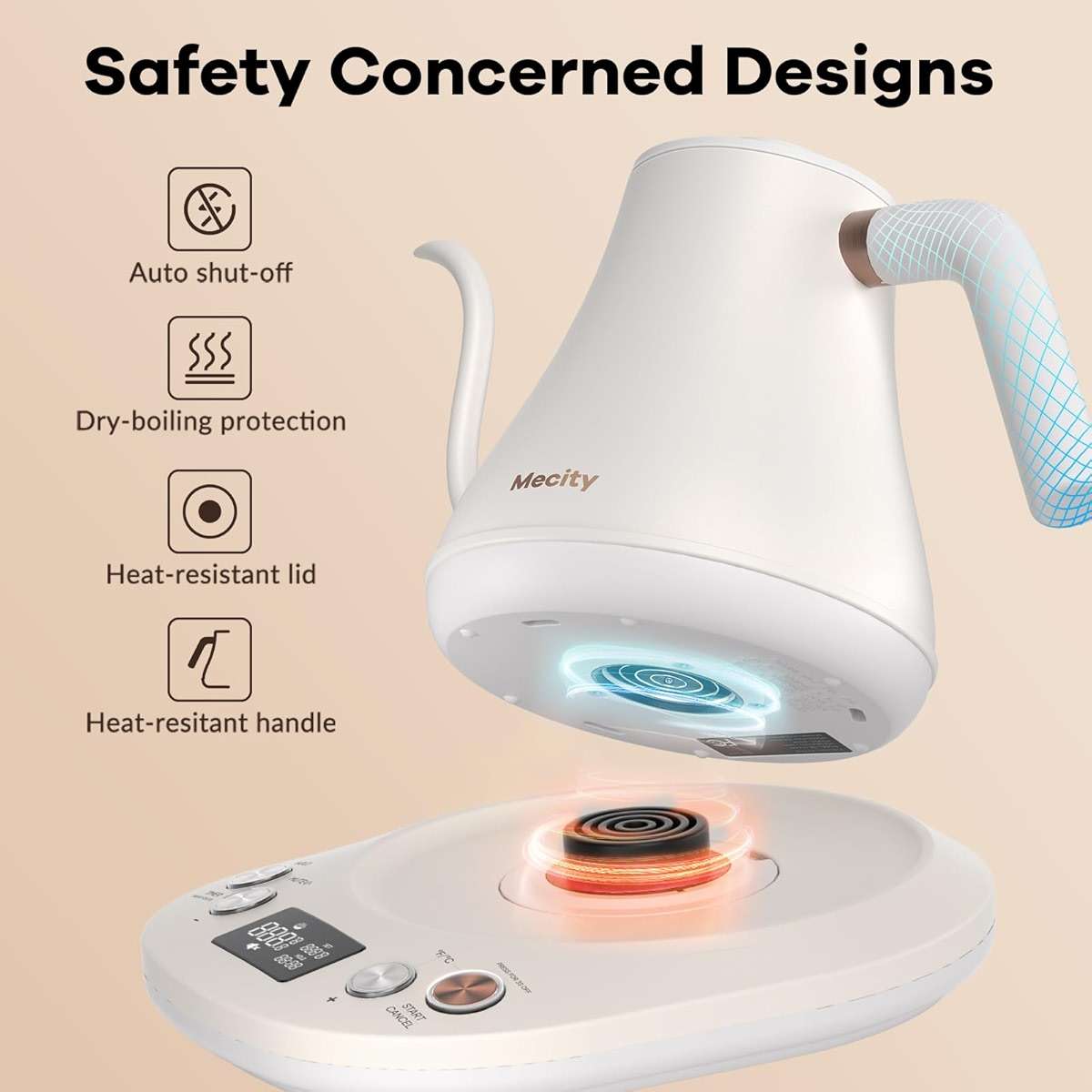 Mecity Electric Gooseneck Kettle With Keep Warm Function & LCD Display Automatic Shut Off Coffee Kettle Temperature Control Pour Over Kettle 1200 Watt, 0.8L, 120V, Off White - Image 4