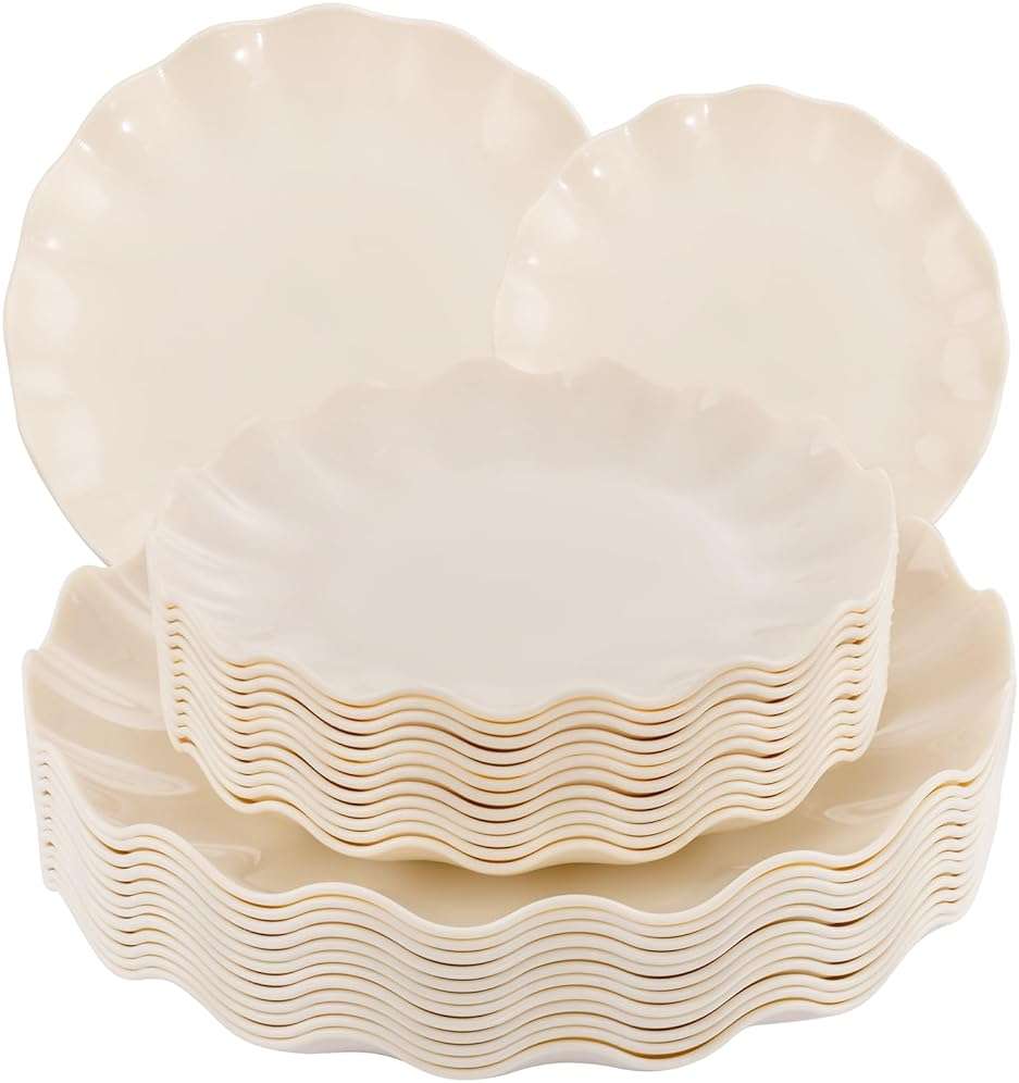 LIYH 24 Pcs Plastic Plates Reusable,Unbreakable Dinner Plates, Scalloped Plastic Plates, Dishwasher Safe,Ivory Plate Sets Perfect for Parties, Birthday, Picnics, BPA Free(12Guests) - Image 1