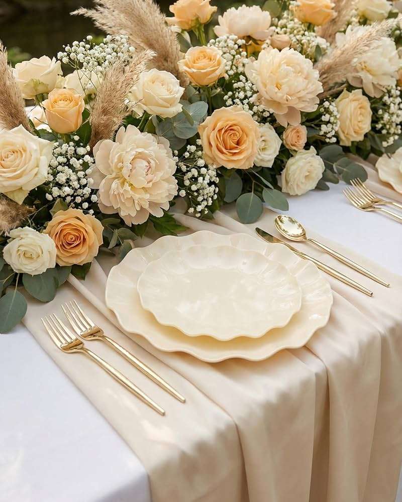 LIYH 24 Pcs Plastic Plates Reusable,Unbreakable Dinner Plates, Scalloped Plastic Plates, Dishwasher Safe,Ivory Plate Sets Perfect for Parties, Birthday, Picnics, BPA Free(12Guests) - Image 6