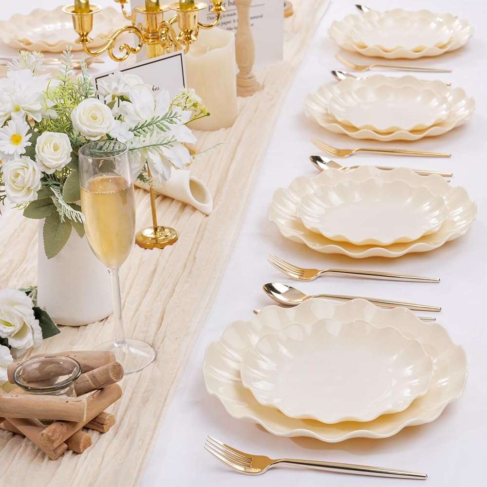 LIYH 24 Pcs Plastic Plates Reusable,Unbreakable Dinner Plates, Scalloped Plastic Plates, Dishwasher Safe,Ivory Plate Sets Perfect for Parties, Birthday, Picnics, BPA Free(12Guests) - Image 7